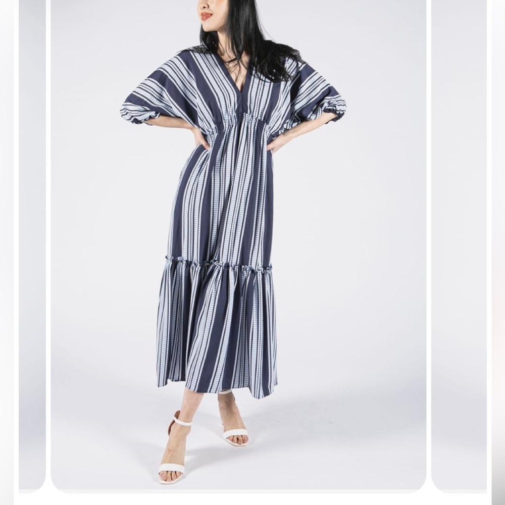 Taylor Blue and White Striped Midi Dress